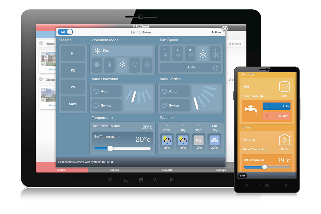 Este modelo incorpora WiFi incluido, permitiendo controlar la unidad desde el móvil, tablet u ordenador mediante la app MELCloud de Mitsubishi Electric. Desde la aplicación puedes encender o apagar el equipo, ajustar la temperatura, cambiar el modo de funcionamiento y gestionar la climatización desde cualquier lugar. MELCloud también permite crear escenas, programaciones horarias semanales y control en tiempo real, aportando una gestión mucho más cómoda del sistema. Además, puede ofrecer información local como previsión meteorológica para ayudarte a adaptar el funcionamiento del equipo según las condiciones previstas. También es compatible con control por voz mediante Alexa, lo que permite manejar el aire acondicionado de forma más cómoda dentro de un hogar conectado.